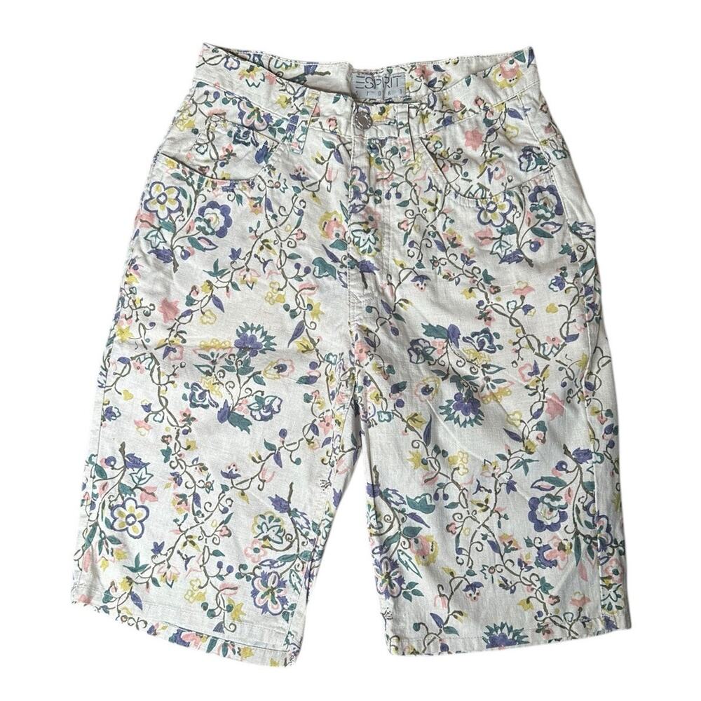 Vtg Esprit Linen White Floral Bermuda Shorts High Waist Boho Cottagecore Sz 9/10